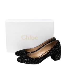Pre Owned Chloe Black Suede Floral Studded Scalloped Lauren Block Heel Pumps Size 38