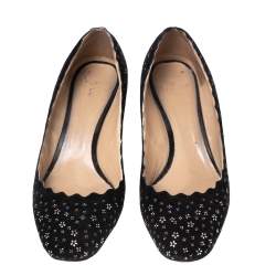 Pre Owned Chloe Black Suede Floral Studded Scalloped Lauren Block Heel Pumps Size 38