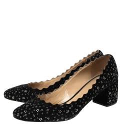 Pre Owned Chloe Black Suede Floral Studded Scalloped Lauren Block Heel Pumps Size 38