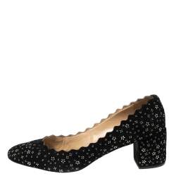 Pre Owned Chloe Black Suede Floral Studded Scalloped Lauren Block Heel Pumps Size 38
