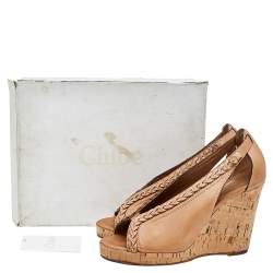 Chloe Brown Leather Cork Wedge Sandals Size 41
