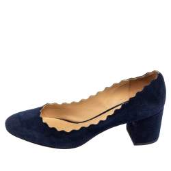 Pre Owned Chloe Blue Suede Lauren Scallop Trim Block Heel Pumps Size 37