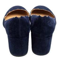 Pre Owned Chloe Blue Suede Lauren Scallop Trim Block Heel Pumps Size 37