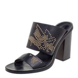 Pre Owned Chloe Black/Gold Studded Leather Slide Sandals Size 39