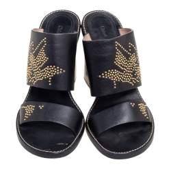 Pre Owned Chloe Black/Gold Studded Leather Slide Sandals Size 39