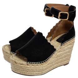 Pre Owned Chloe Black Suede Scalloped Trim Lauren Ankle Wrap Espadrille Platform Wedge Sandals Size 40