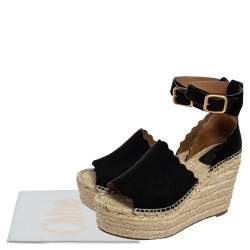Pre Owned Chloe Black Suede Scalloped Trim Lauren Ankle Wrap Espadrille Platform Wedge Sandals Size 40