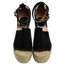 Pre Owned Chloe Black Suede Scalloped Trim Lauren Ankle Wrap Espadrille Platform Wedge Sandals Size 40