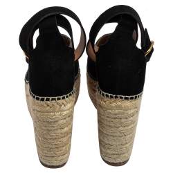 Pre Owned Chloe Black Suede Scalloped Trim Lauren Ankle Wrap Espadrille Platform Wedge Sandals Size 40