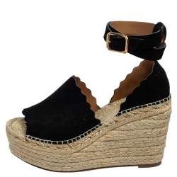 Pre Owned Chloe Black Suede Scalloped Trim Lauren Ankle Wrap Espadrille Platform Wedge Sandals Size 40