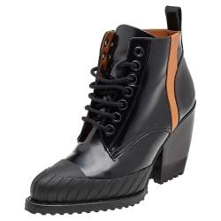 Pre Owned Chloe Black Leather Rylee Rubber Cap Toe Lace Up Ankle Boots Size 39.5