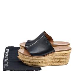 Chloe Black Leather Platform Wedge Slide Sandals Size 39