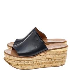 Chloe Black Leather Platform Wedge Slide Sandals Size 39