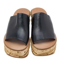 Chloe Black Leather Platform Wedge Slide Sandals Size 39