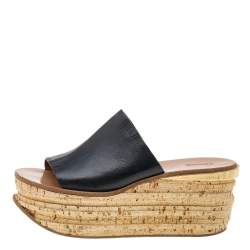 Chloe Black Leather Platform Wedge Slide Sandals Size 39