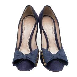 Pre Owned Chloe Navy Blue Suede Studded Bow Pumps Size 37