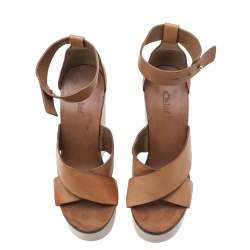 Chloe Tan Leather Wedge Crisscross Platform Sandals Size 37.5