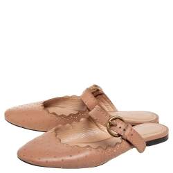 Pre Owned Chloe Beige Leather Lauren Buckle Strap Studded Mule Flats Size 36