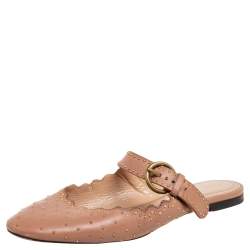 Pre Owned Chloe Beige Leather Lauren Buckle Strap Studded Mule Flats Size 36