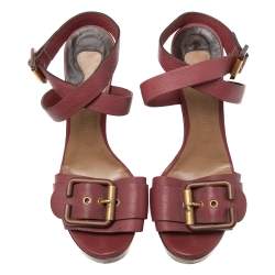 Pre Owned Chloe Red Leather Ankle Wrap  Wedge Sandals Size 40