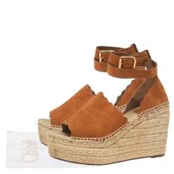 Pre Owned Chloe Tan Scalloped Lauren Suede Espadrille Wedge Ankle-Strap Sandals Size 40