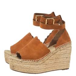Pre Owned Chloe Tan Scalloped Lauren Suede Espadrille Wedge Ankle-Strap Sandals Size 40