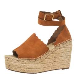 Pre Owned Chloe Tan Scalloped Lauren Suede Espadrille Wedge Ankle-Strap Sandals Size 40