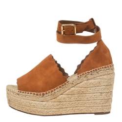 Pre Owned Chloe Tan Scalloped Lauren Suede Espadrille Wedge Ankle-Strap Sandals Size 40