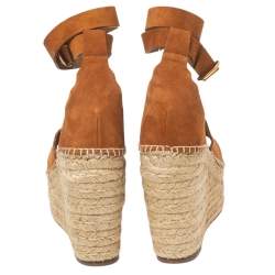 Pre Owned Chloe Tan Scalloped Lauren Suede Espadrille Wedge Ankle-Strap Sandals Size 40