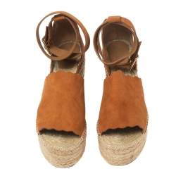 Pre Owned Chloe Tan Scalloped Lauren Suede Espadrille Wedge Ankle-Strap Sandals Size 40