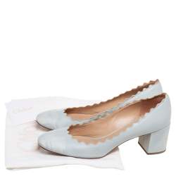 Pre Owned  Chloe Blue Leather Lauren Scallop Trim Block Heel Pumps Size 40