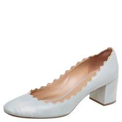 Pre Owned  Chloe Blue Leather Lauren Scallop Trim Block Heel Pumps Size 40