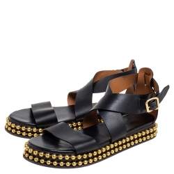 Chloe Black Leather Sawyer Embellished Ankle Strap Flat Sandals Size 40