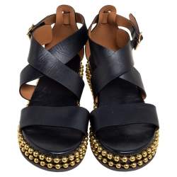 Chloe Black Leather Sawyer Embellished Ankle Strap Flat Sandals Size 40