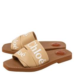 Pre Owned Chloé Ivory Canvas Logo Woody Flat Mules Size 38