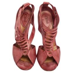 Chloe  Pink Leather Caged  Block Heel Sandals Size  38