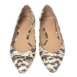 Pre Owned Chloe Two-Tone Lizard Embossed Scalloped Leather Pointed-Toe Ballet Flats Size 39