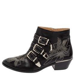 Pre Owned Chloe Black Studded Leather Ankle Boots Size 39