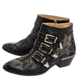 Pre Owned Chloe Black Studded Leather Ankle Boots Size 39
