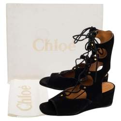 Pre Owned Chloe Black Suede Gladiator Wedge Sandals Size 39