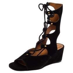 Pre Owned Chloe Black Suede Gladiator Wedge Sandals Size 39