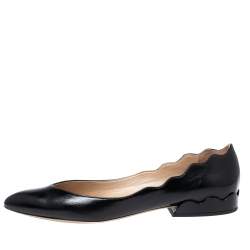 Pre Owned Chloe Black Leather Lauren Scalloped Ballet Flats Size 40.5