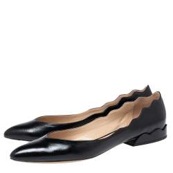 Pre Owned Chloe Black Leather Lauren Scalloped Ballet Flats Size 40.5