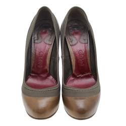Chloe Brown/Olive Green Leather And Fabric Block Heel Platform Pumps Size 36