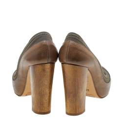 Chloe Brown/Olive Green Leather And Fabric Block Heel Platform Pumps Size 36