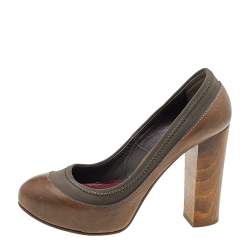 Chloe Brown/Olive Green Leather And Fabric Block Heel Platform Pumps Size 36