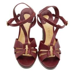 Pre Owned Chloe Burgundy Leather Ankle Strap Sandals Size 39.5