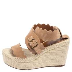 Pre Owned Chloe Dusty Pink Scalloped Suede Lauren Espadrille Wedge Sandals Size 39