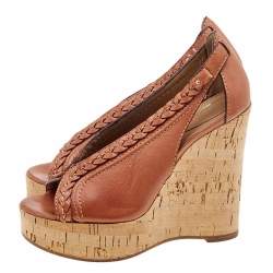 Chloe Brown Leather Braided Detail Cork Platform Wedge Sandals Size 37