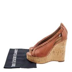 Chloe Brown Leather Braided Detail Cork Platform Wedge Sandals Size 37